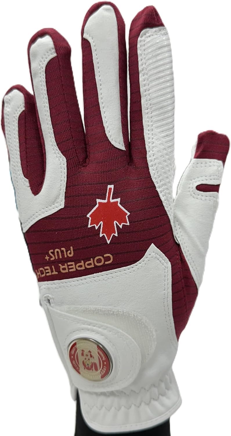 Copper Tech Women's Golf Gloves, Patriotic Canada National Flag Pattern w/Ball Marker, Copper Infused Womens Golf Gloves Canada Themed (Small, Worn on Left Hand)