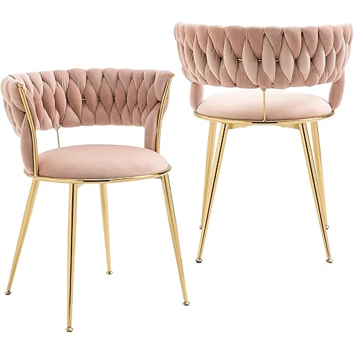 NIOIIKIT Modern Velvet Dining Chairs Set of 2 Hand Weaving Accent Chairs Living Room Chairs Upholstered Side Chair with Golden Metal Legs for Dining Room Kitchen Vanity Living Room (PinkH)