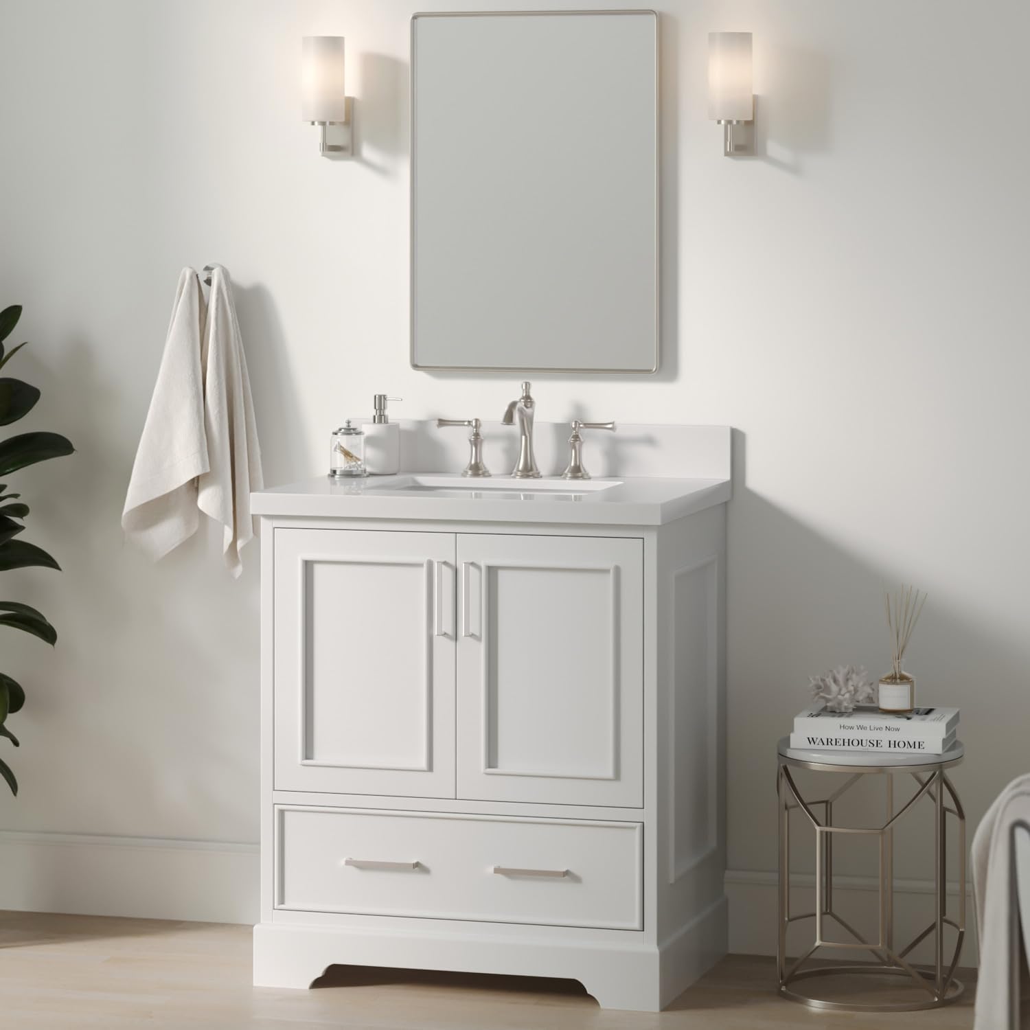 ARIEL Stafford 30.5 in. Single Rectangle Sink Vanity Pure White Quartz Countertop W/1.5" Edge in White