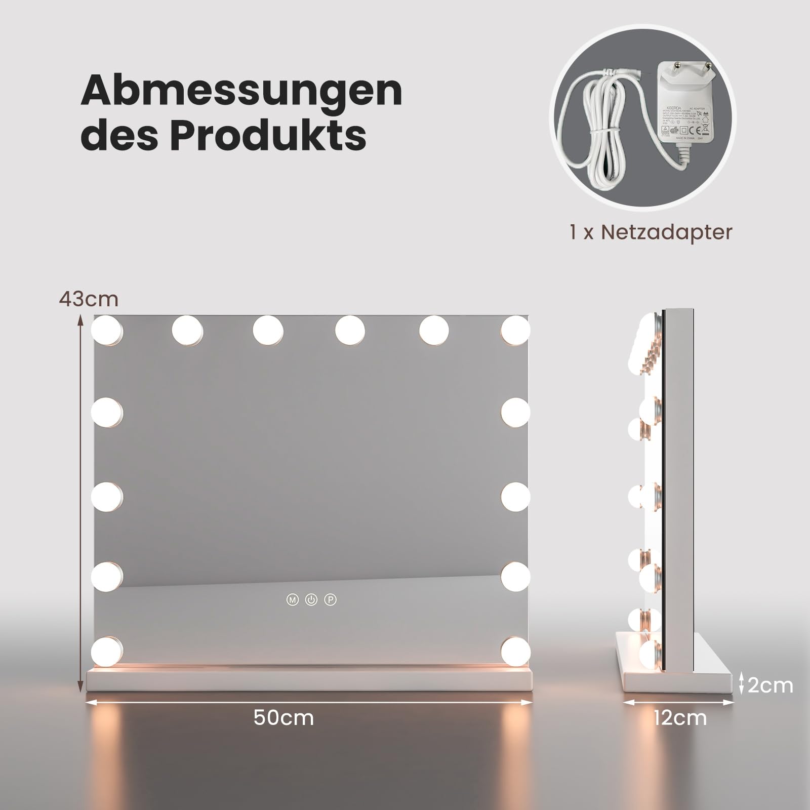 COSTWAY Hollywood Spiegel mit Beleuchtung, Tischspiegel mit 14 dimmbaren LED-Leuchten und 3 Lichtfarben, Schminkspiegel, Kosmetikspiegel mit Smart-Touch-Steuerung, 50 x 12 x 43 cm