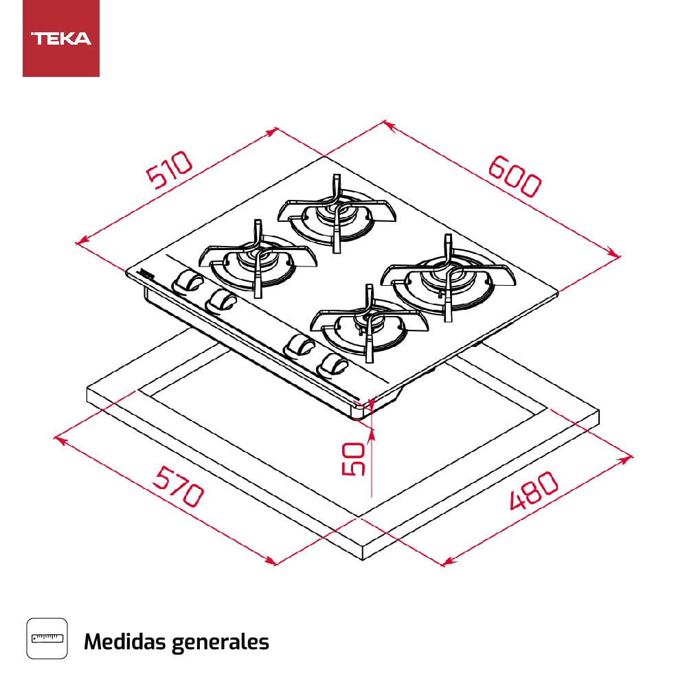 TEKA Placa de Gas 60 cm, 4 Quemadores, Autoencendido y Seguridad Termopar, Parrillas de Fundición, Modelo GBC 64000 KBN
