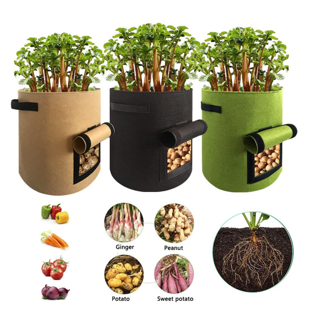 Paquete de 3 bolsas de cultivo de patatas de 15 galones de tela, macetas para cultivo de tomate, plantación de verduras, contenedor al aire libre, color negro