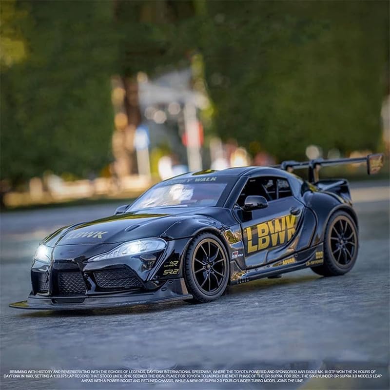 Image of PINQUE Kids New Toyota Supra GR LBWK 1:24 Diecast Alloy Metal Pull Back Car With Openable Doors, Music, Sound and Light - Vehicle Toy for Boys (Black)