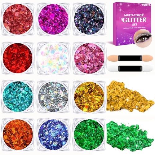 YOOVR Body Hair Face Glitter for Women Teen Girls, 12 Colors Face Painting Makeup Kit, Mardi Gras Valentines St Patricks Day Christmas Outfits Decorations, Rave Accessories, Party Festival Essentials