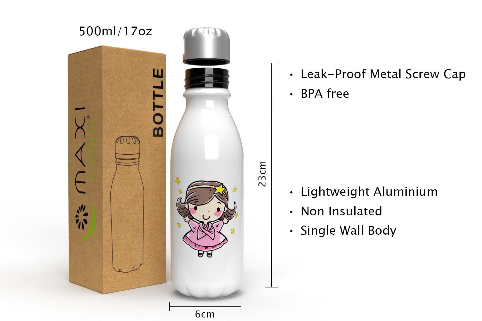MAXIKIWI, Single Wall Water Drinking Bottle with Screw Cap, Non Insulated Lightweight Aluminium, BPA Free, Leak-Proof - Image 3