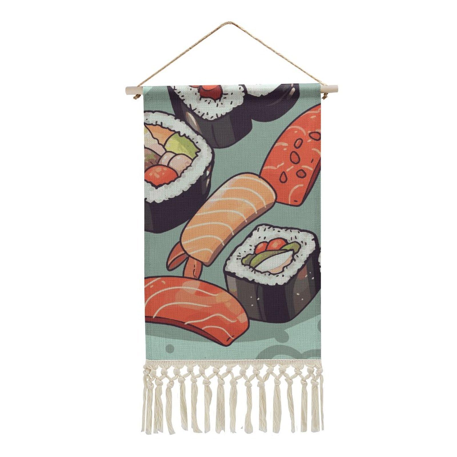 BTCOWZRV Cotton And Linen Hanging Poster with Tassels, Sushi Wall Hanging Tapestry Vintage Wall Art Painting Modern Artwork Decoration for Home Decor Ready to Hang 10x19.6 in
