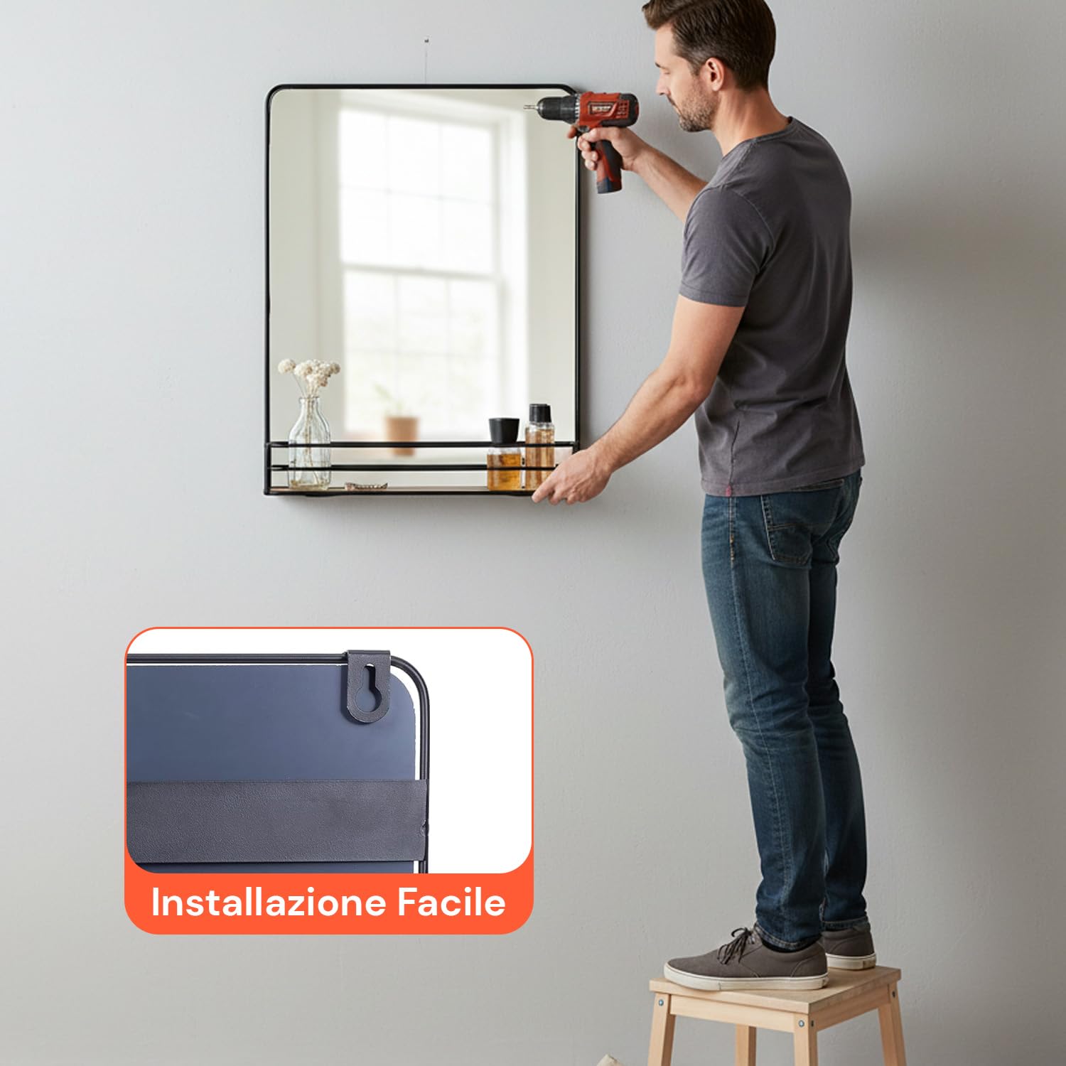 Avilia - Specchio da Parete 40x30x5cm Moderno con Cornice Nera e Ripiano in Legno - Specchio da Bagno con Mensola Portaoggetti Integrata - Design Elegante per Ingresso, Camera e Corridoio