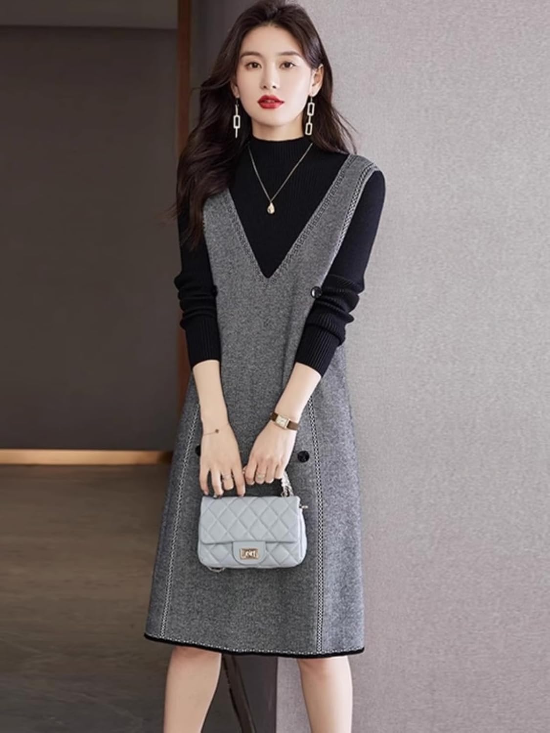 LIXINGHEITANG Autumn and Winter Dress Women's Loose Two- Sweater Long-Sleeved Knitted Skirt