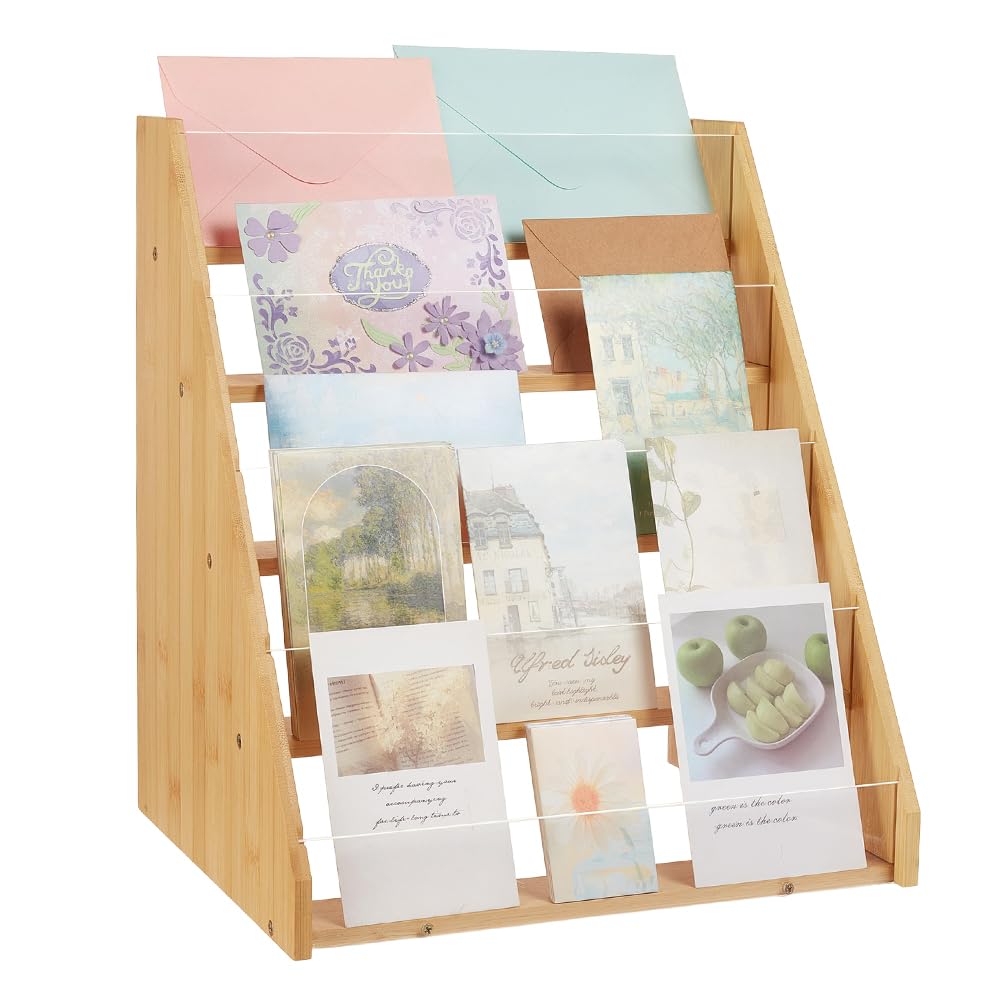 UNICRAFTALE 5 Stufiger Grußkartenständer Bambus Acryl Vitrine Tragbarer Aufsteller Postkartenständer Theken Displayständer Für Lesezeichen Ladentisch 34.7x27.8x38.8cm