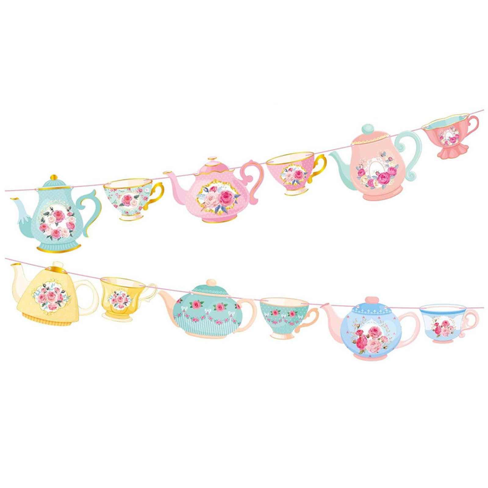 Vintage Tea Party Decorations Banner - Elegant Afternoon Tea Time Bunting with Floral Design for Adult Party, Bridal Shower & Home Decor (Pink & Mint Green)
