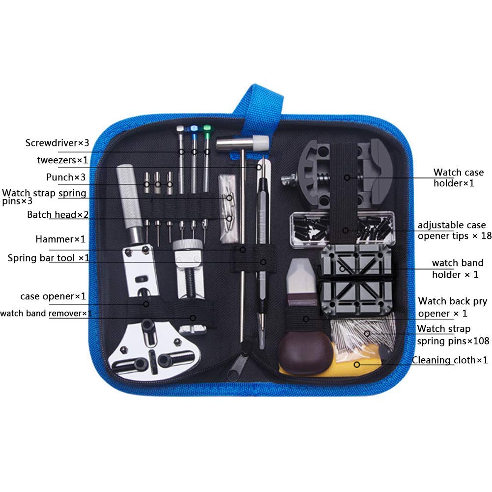 Uhrenreparaturset mit Tragetasche, Uhrenarmband-Verbindungsstift-Entferner, Reparaturwerkzeug-Set, Uhrengehäuseöffner, Federsteg-Werkzeuge