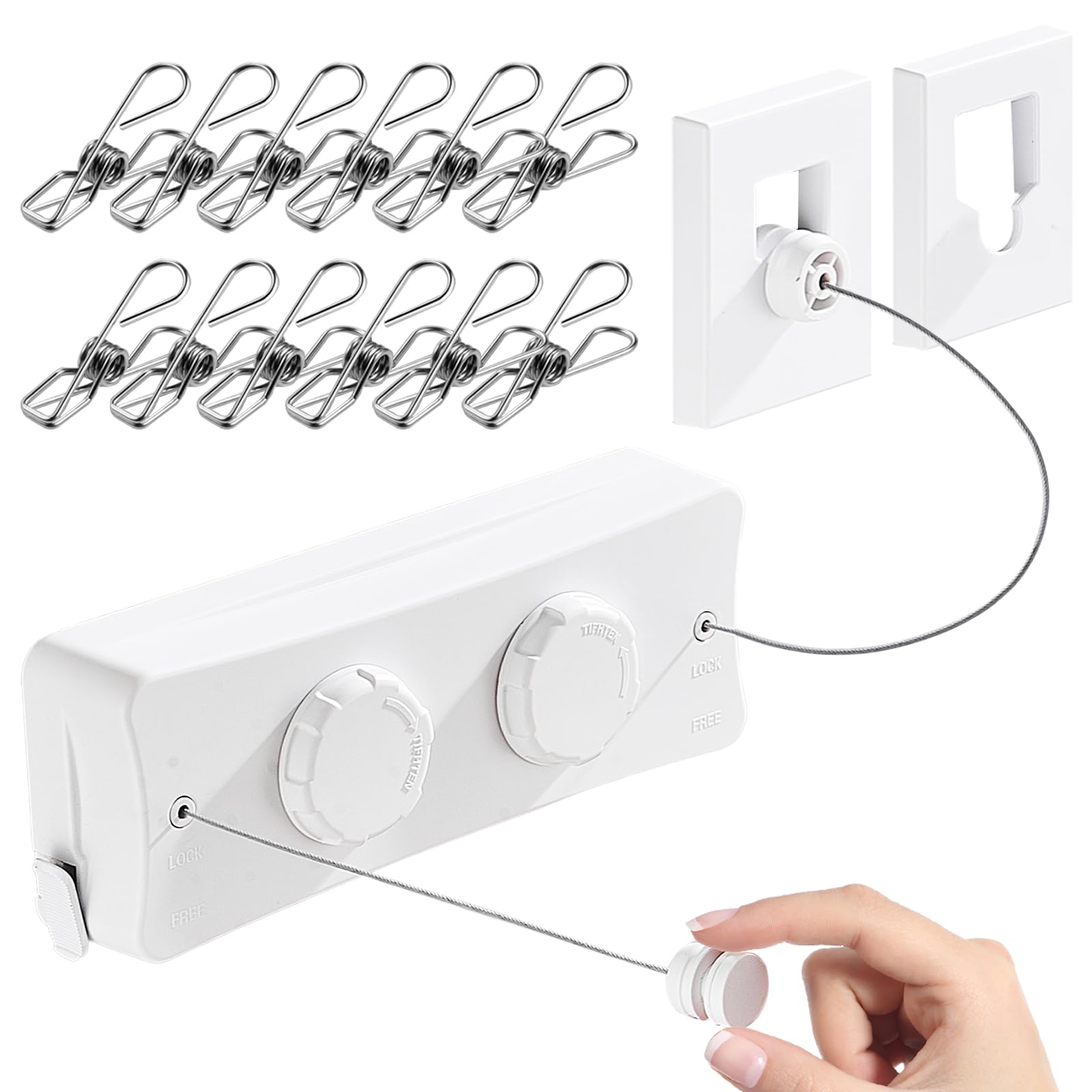 Einziehbare Wäscheleine, strapazierfähig, 20 kg, doppelte 304-Edelstahlschnüre, 5,1 m, Anti-Beschlag-Design, bohrfreie Installation für den Innen- und Außenbereich, Weiß, zwei Linien