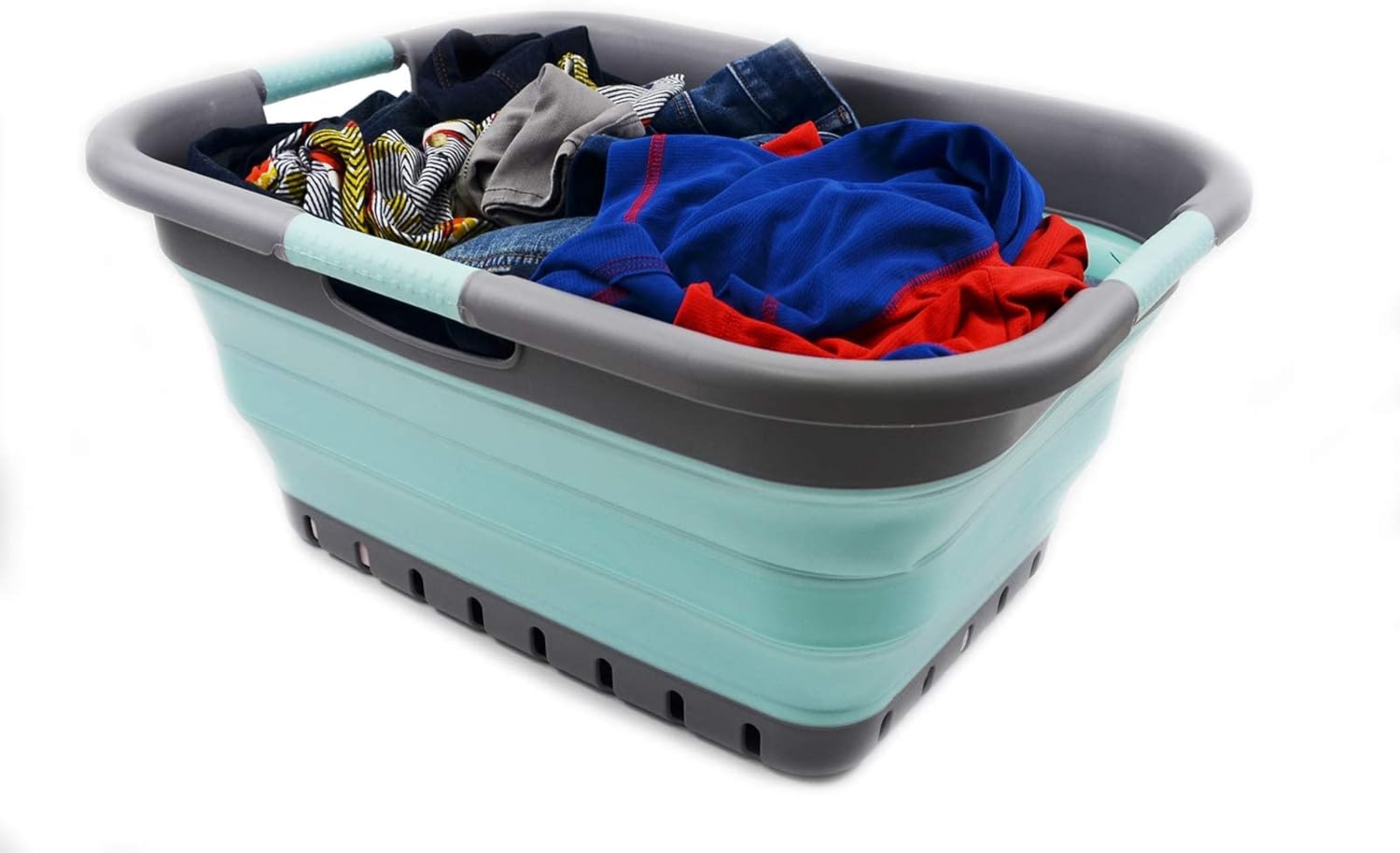 SAMMART 41L (10.8 Gallon) Collapsible Plastic Laundry Basket-Foldable Pop Up Storage Container/Organizer- Portable-Space Saving Hamper/Basket (3 handled rectangular, Medium Grey/Lake Green)