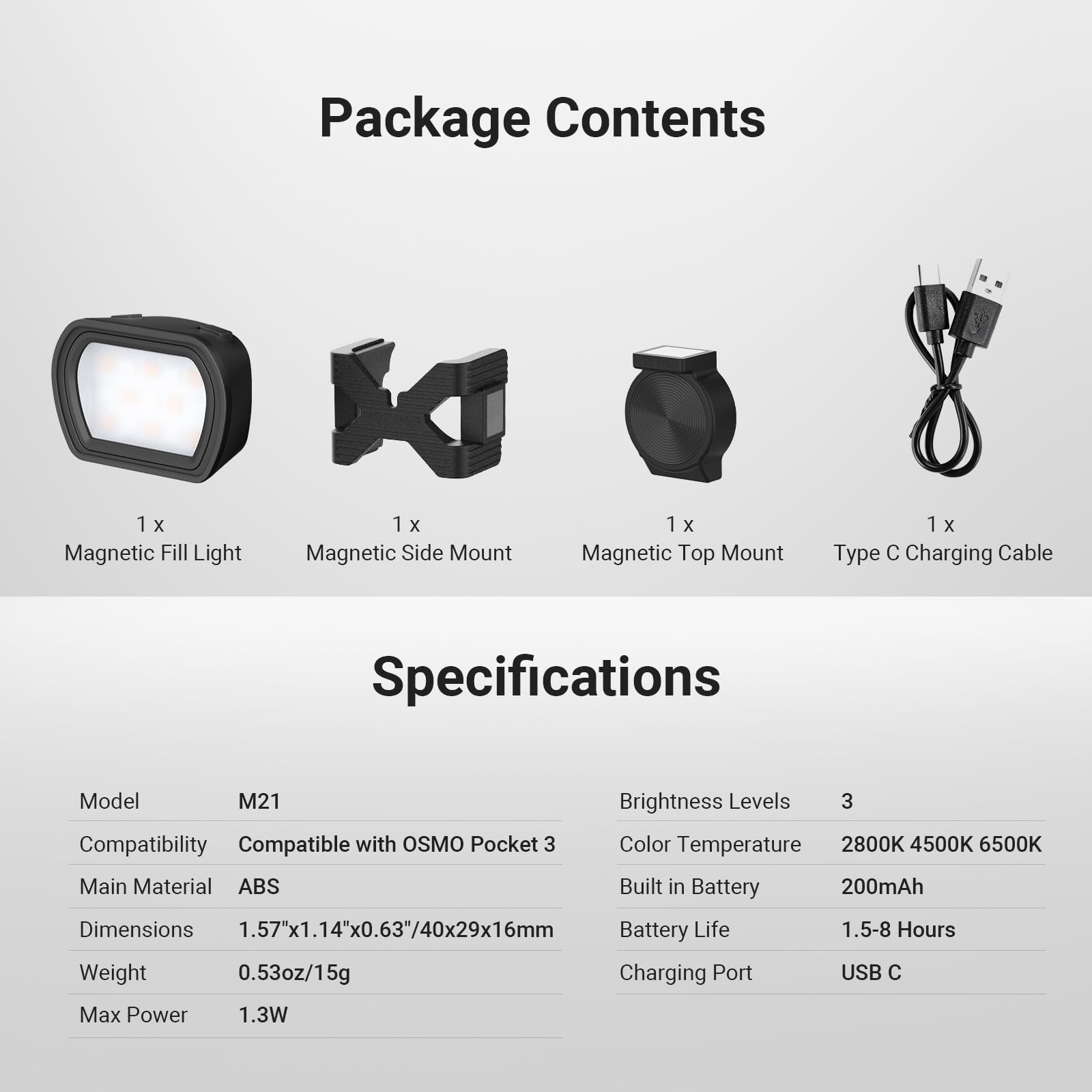 NEEWER Basics Magnetic Auxiliary Light Compatible with DJI OSMO Pocket 3 Gimbal Cam Creator Combo, 1.3W USB C Rechargeable Plastic Mini LED Fill Light Attachment for Selfie Vlog Video Recording,: M21 Black w/Upgraded Mounts