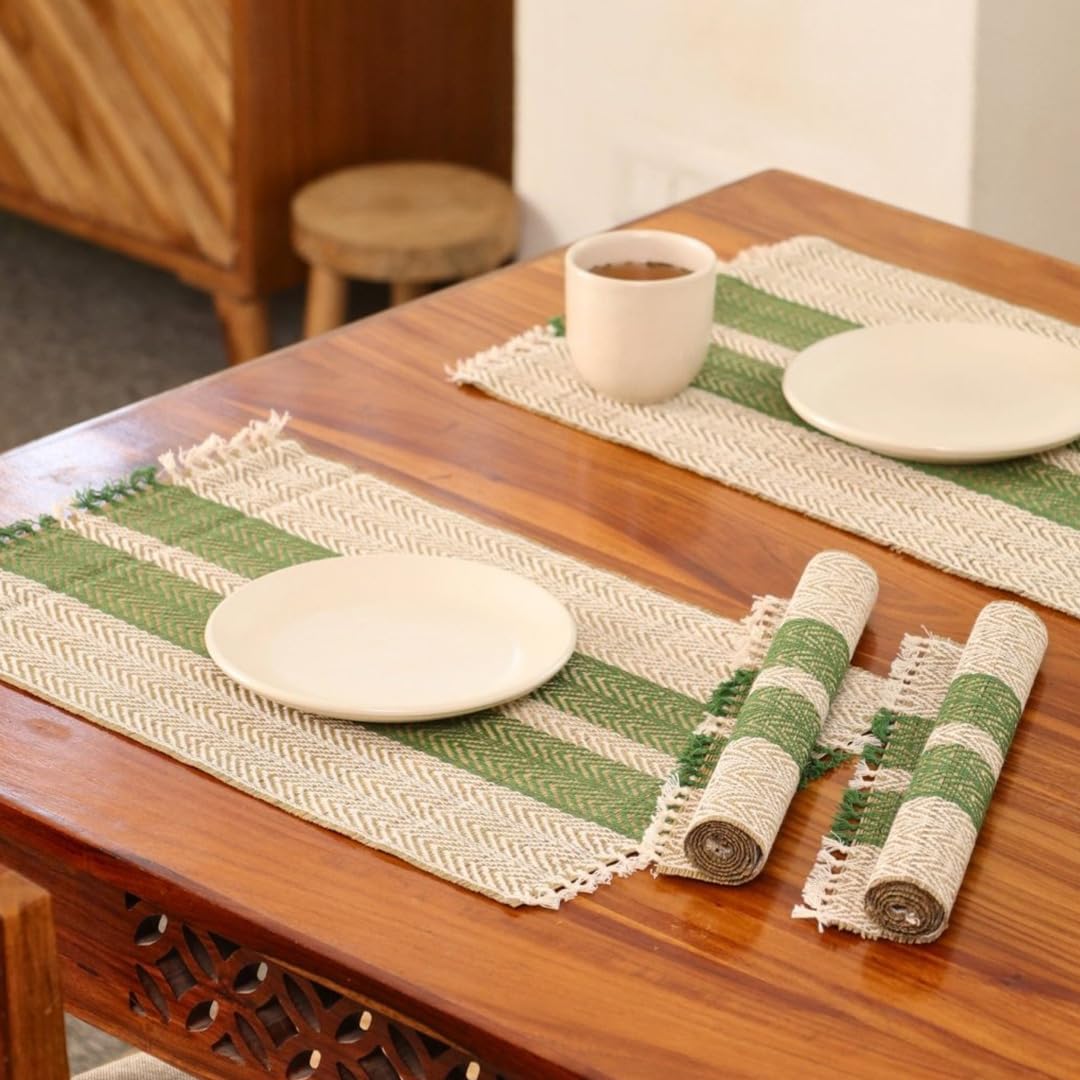 PeepulTree Placemats & Table Cloths (Olive Green & Off-White, Pack of 6 - Placemats)-image-0
