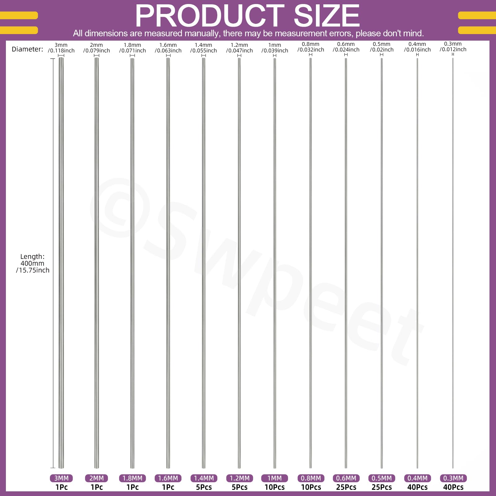 Swpeet 164Stück 12 Größen 0,3 mm, 0,4 mm, 0,5 mm, 0,6 mm, 0,8 mm, 1 mm, 1,2 mm, 1,4 mm, 1,6 mm, 1,8 mm, 2 mm, 3 mm