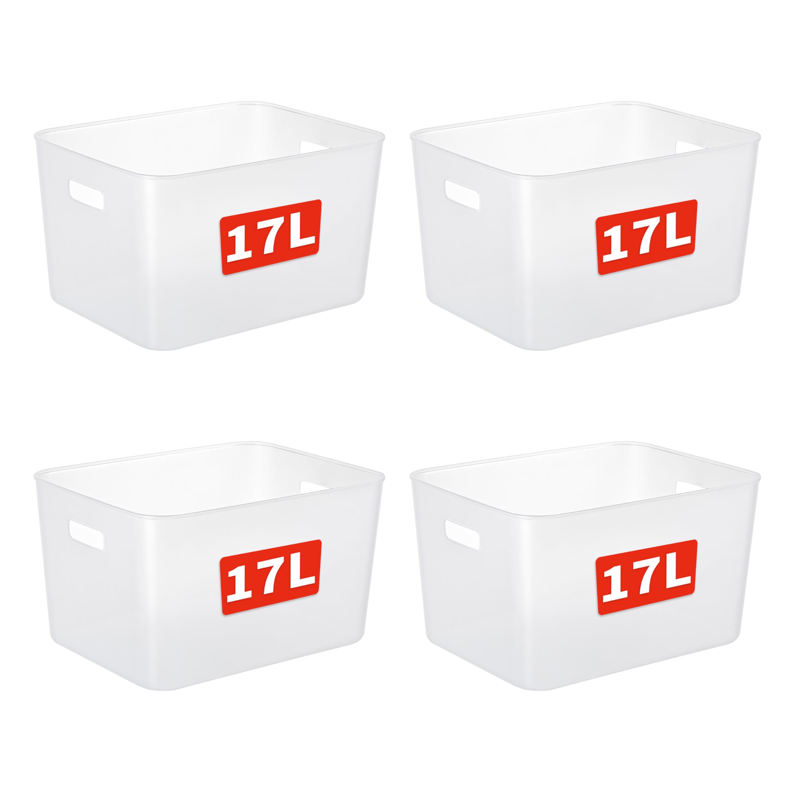 Cetomo 17L*4 Storage Basket, Plastic Open Storage Box, Containers for Shelves, Organizers with Handles for Office, Countertops, Cabinets, PP, BPA Free, Frosted Transparent, 17L-4 Pack (35*27*20cm)
