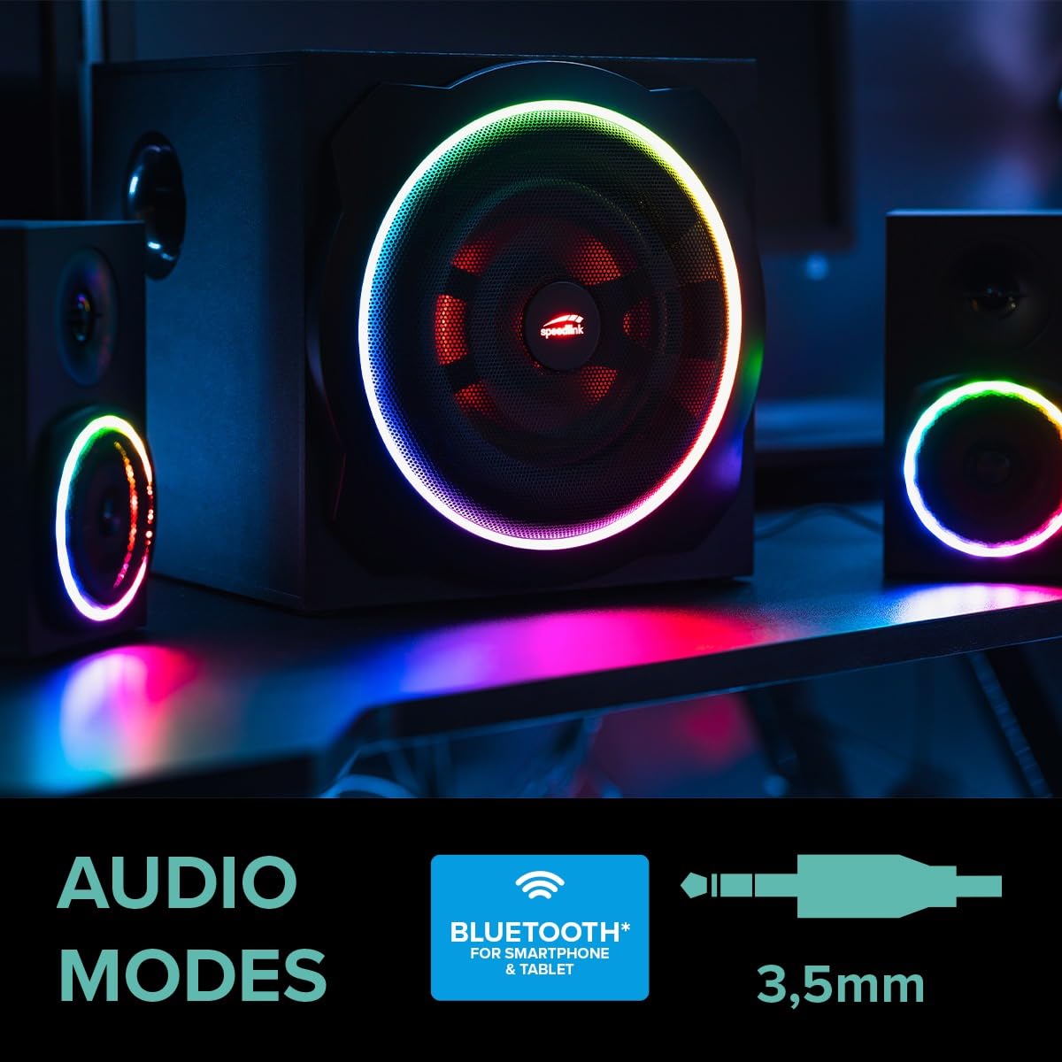 Speedlink GRAVITY CARBON RGB 2.1 - Bluetooth Altoparlanti per PC con Subwoofer in legno, sistema di altoparlanti attivi 120 Watt audio, jack da 3,5 mm, AUX, telecomando da tavolo, nero