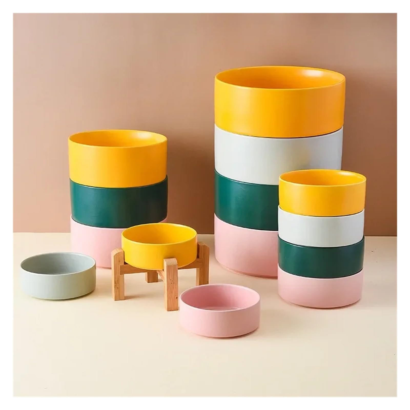 1500ml miska dla dużych psów podwójna ceramiczna podwyższona karma dla zwierząt domowych małe średnie duże artykuły do ​​karmienia psów z drewnianym stojakiem(Green,15.5cm 850ML)