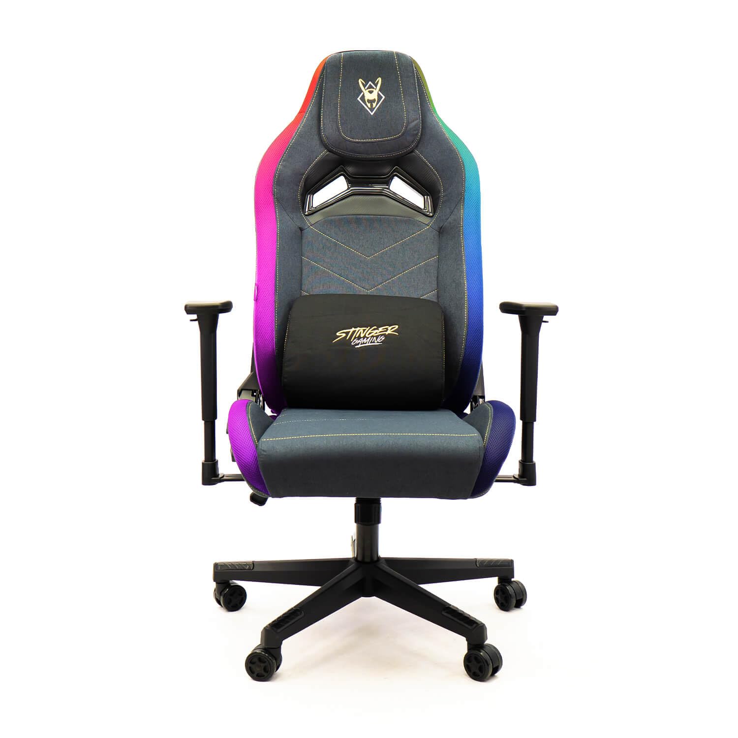 Woxter Stinger Station Elite RGB Golden/Silver - Silla Gaming con Luces Led RGB, Levantamiento por pistón Gas, Tela Antimanchas, Reposabrazos 3D, Cojín Lumbar Regulable y Cervical Integrado