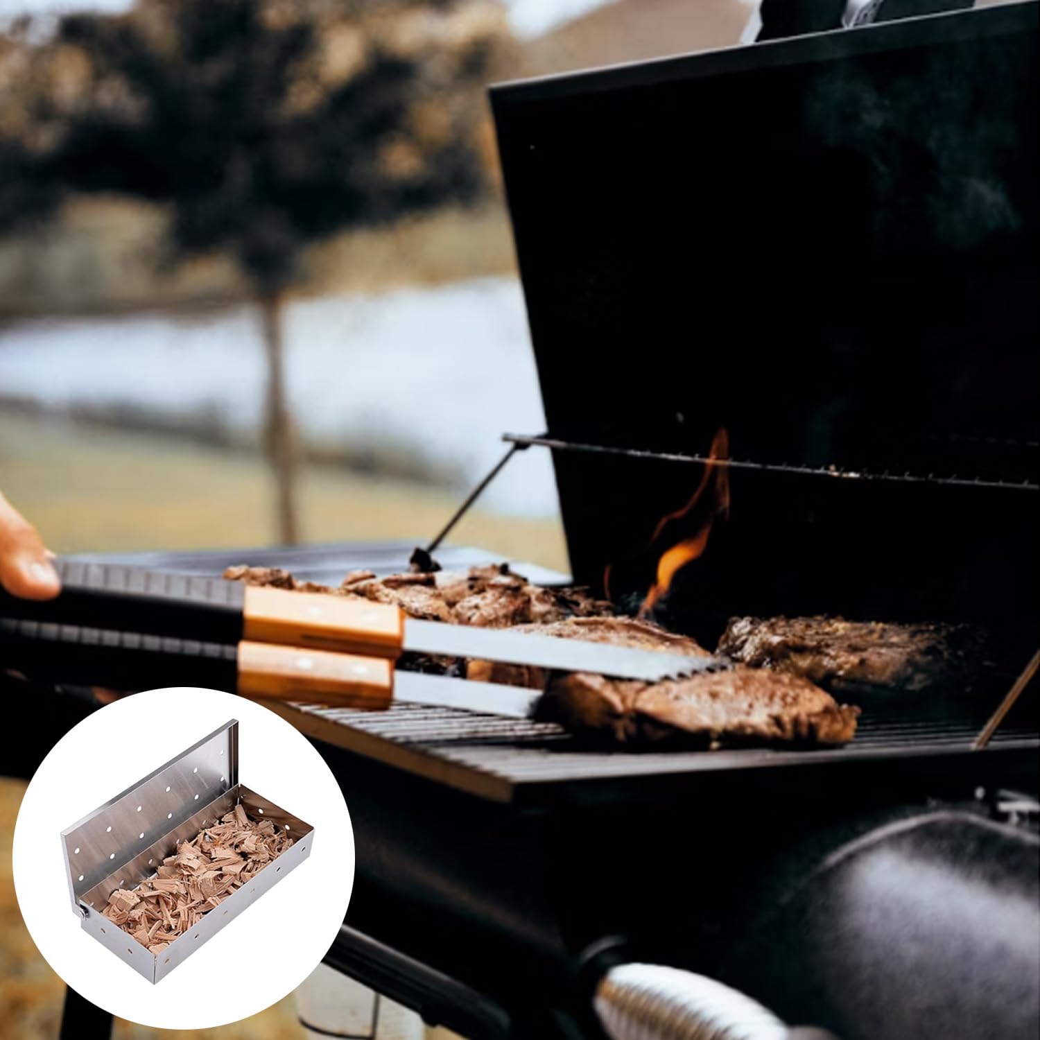 Affumicatore Acciaio Inox Barbecue, BBQ Aroma Box, Scatola per affumicatura per barbecue a gas,per affumicatori, barbecue a carbonella e a gas Smoker Box