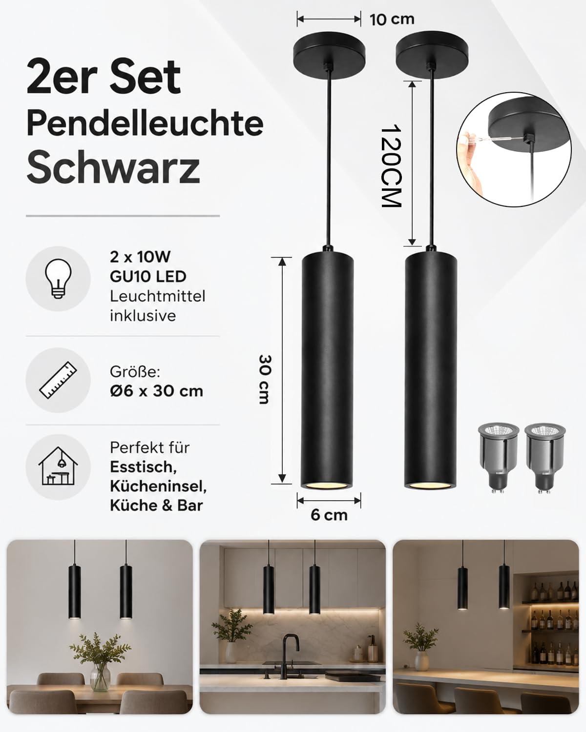 ACMHNC 2 Stück Pendelleuchte GU10 Schwarz, Höhenverstellbar für Kücheninsel | 10W Zylinder Hängeleuchte mit 120 cm Kabel, 3 Lichtfarben für Küche Esstisch, Ø 6 × 30 cm