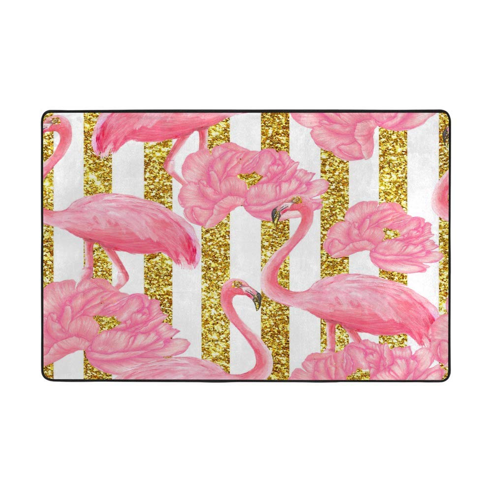 Tapis de sol velours corail imprimé fleur et flamant rose doré salon