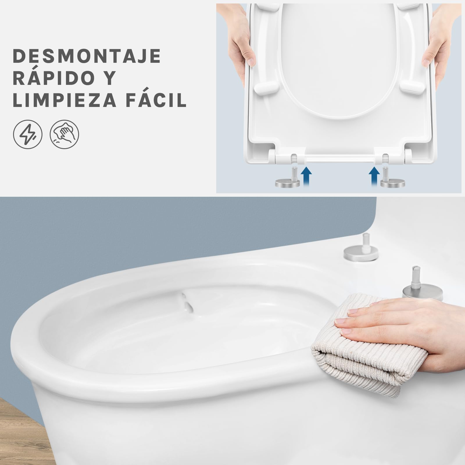 WOLTU Tapa de WC Asiento Inodoro Bisagra de Cierre Suave Instalar Rápida/Demontar Rápida, Plastico Blanco Forma de D