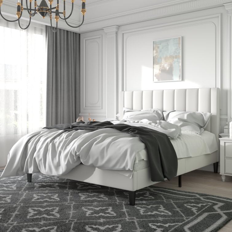 HITHOS Modern Upholstered Queen Size Bed with Wingback Headboard | Wooden Double Bed Cot Palang Without Storage for Living Room Bedroom Home (White) 1 Year Warranty