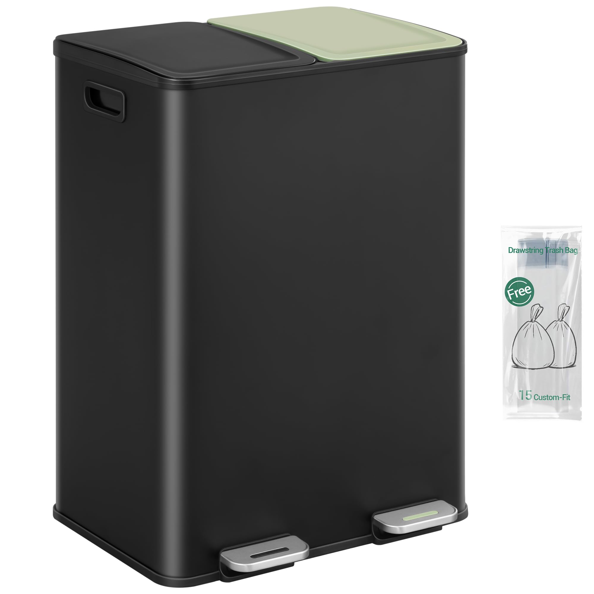 Hzuaneri Kitchen Bin, 60L (2 × 30 L) Double Pedal Bin for Recycling and Waste, Colored Soft-Close Lid, Stainless Steel Bins with Removable Inner Buckets, Includes 15 Trash Bags, Black SW23199B