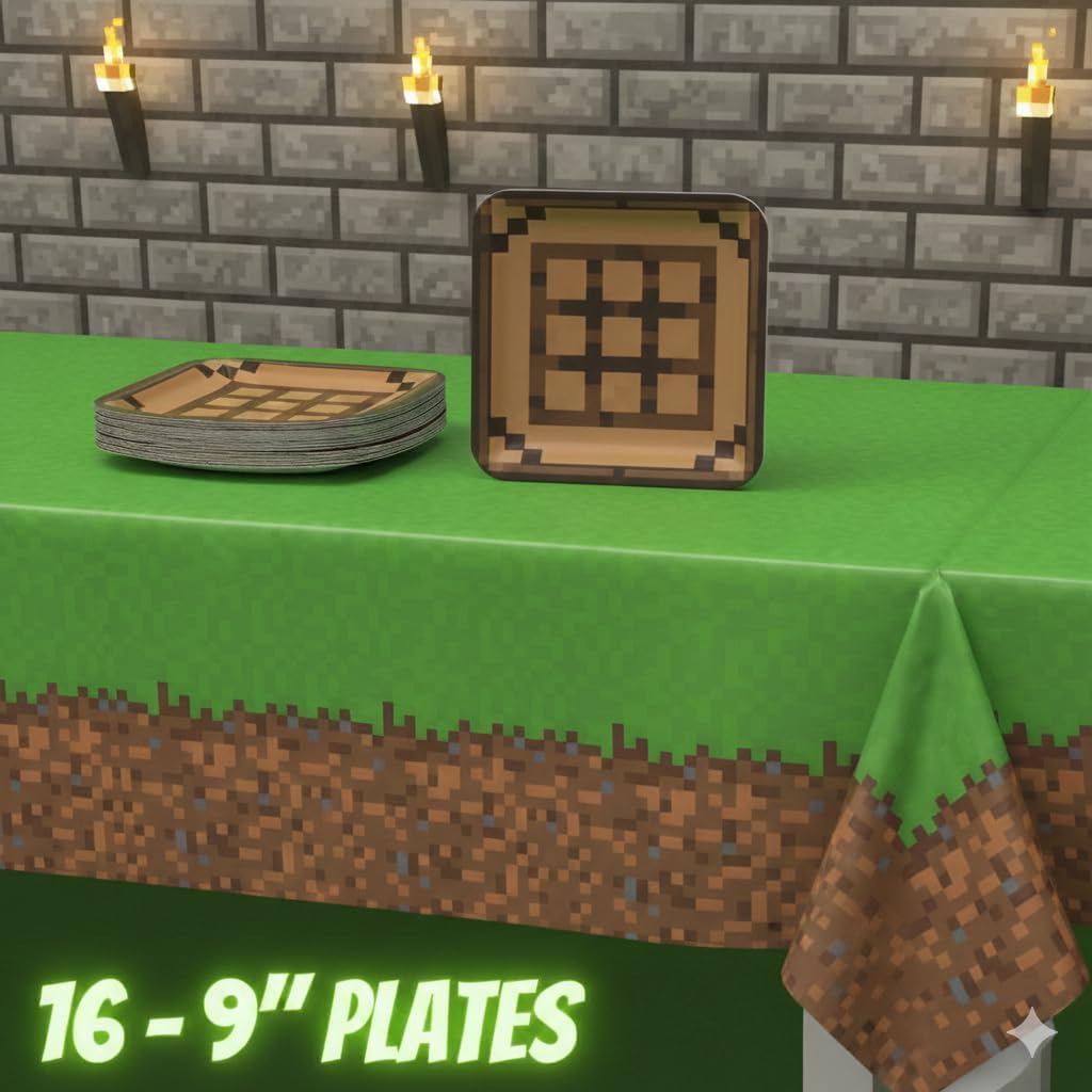 Minecraft Birthday Decorations – Pixel Video Game Birthday Party Set for 16 - Minecraft Party Supplies With Minecraft Plates and Napkins, Pixel Gamer Tableware - Minecraft Birthday Party Decorations