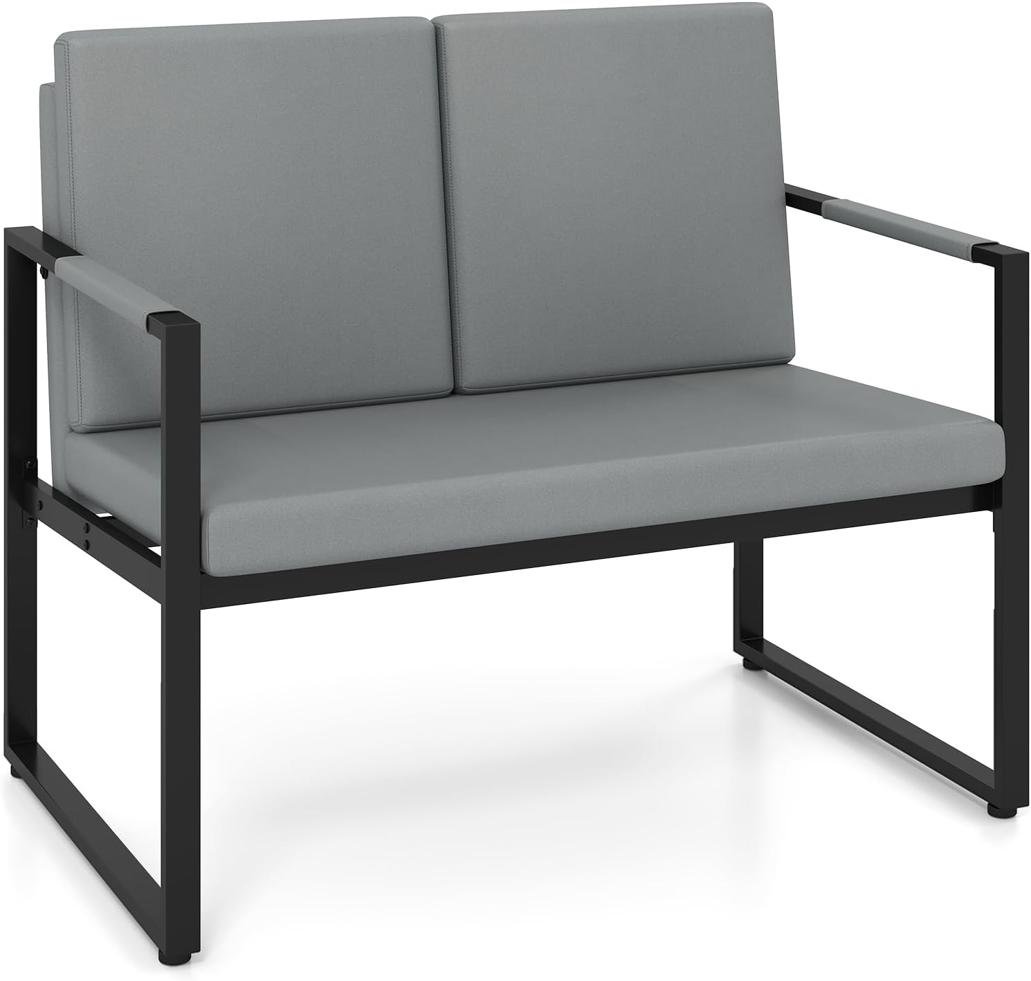 KOMFOTT Modern Industrial Loveseat Sofa, 2-Seater Faux Leather Couch with Heavy-Duty Metal Frame, Armrests & Removable Cushions, Compact Sofas for Living Room, Office, Apartment, Small Spaces (Grey)