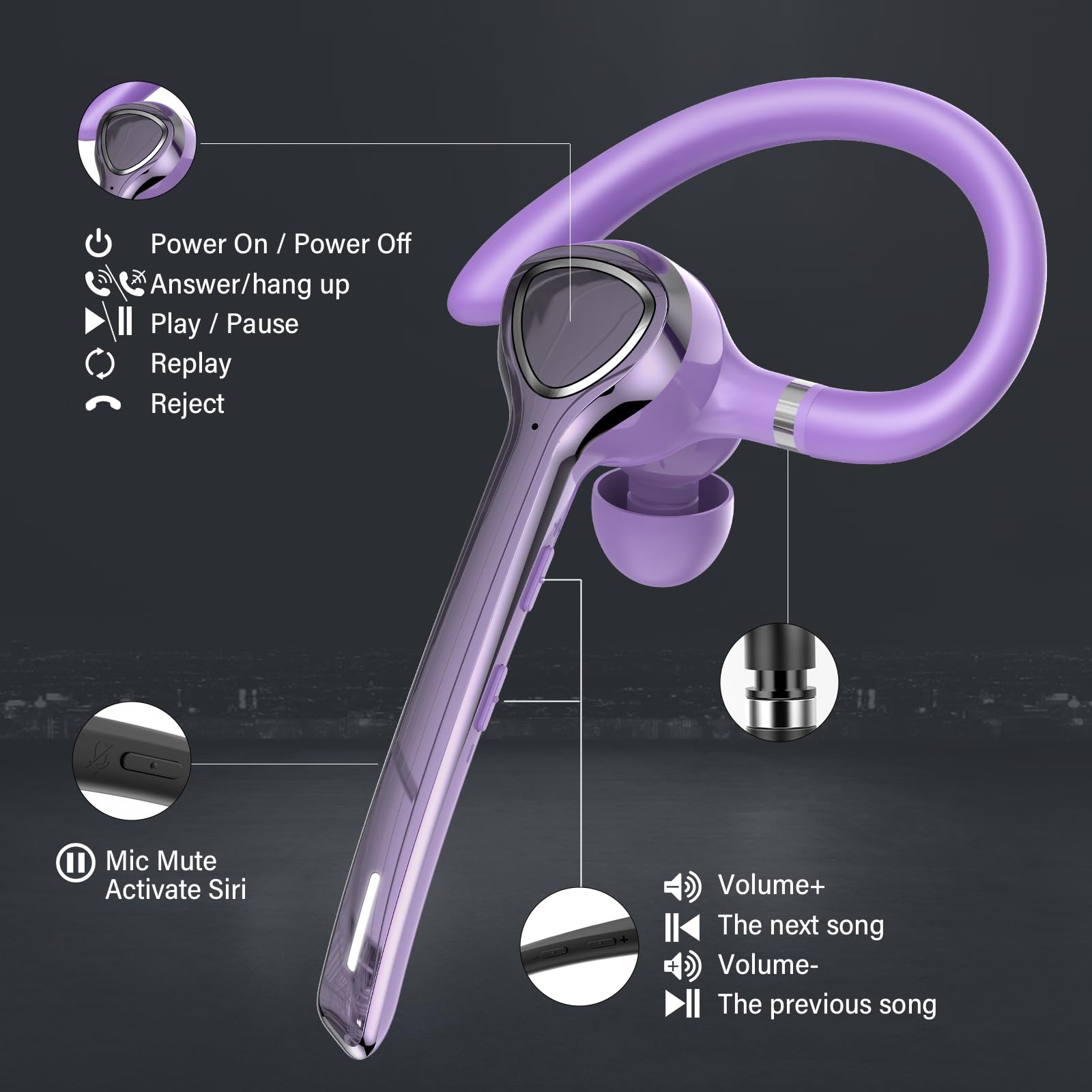 Oreillette Bluetooth sans Fil, Ecounteurs V5.4 antibruit CVC8.0/ENC Double Mic, Conversation Mains Libres Casques Bluetooth Deux Appareils Connectés, Violet