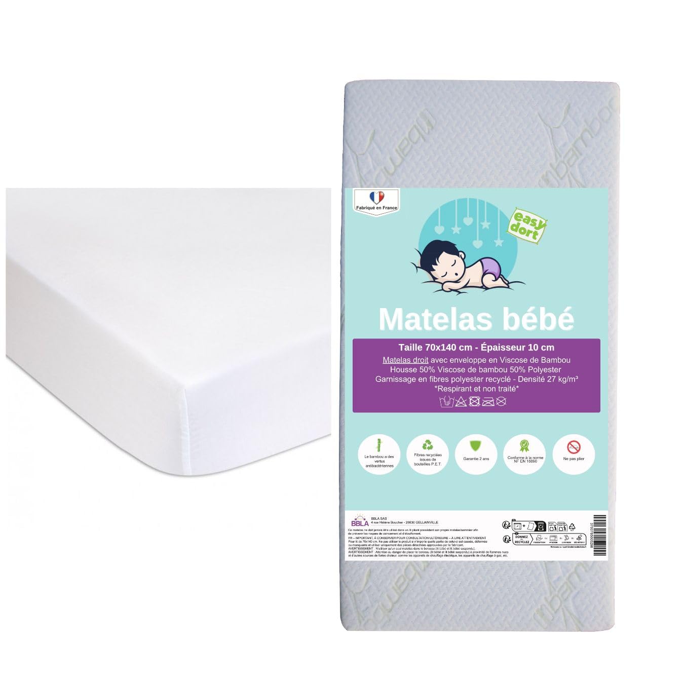 Easy Dort Materac 70 x 140 / 140 x 70 cm Łóżeczko dziecięce Bamboo + 2 prześcieradła z bawełny organicznej | Kompletny zestaw do łóżeczka dziecięcego | Certyfikat GOTS i Oeko-Tex | Wyprodukowano we