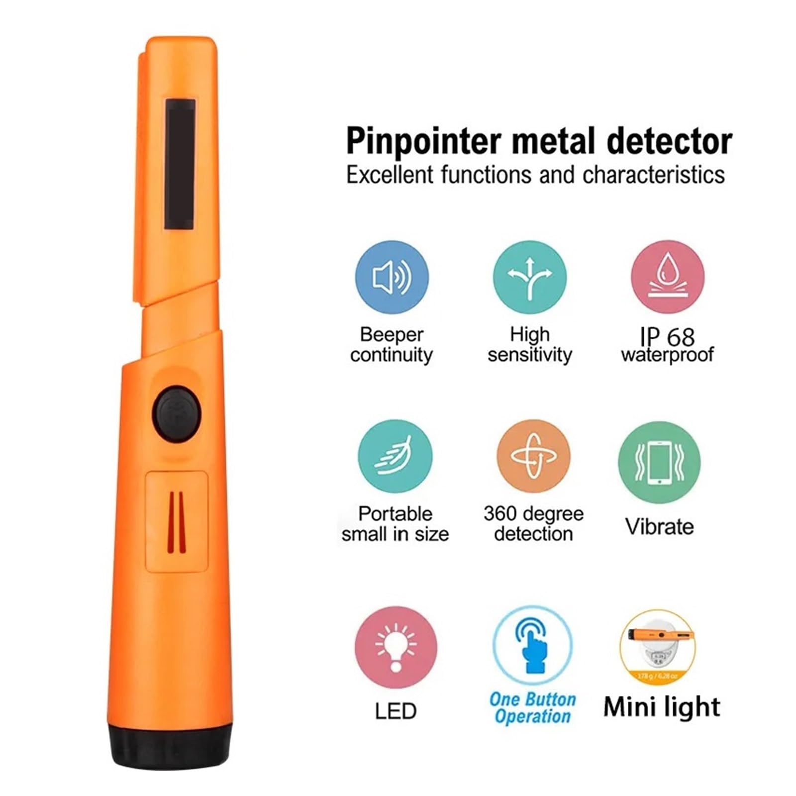 Wskaźnik Wykrywacza Metalu Pinpoint Ręczny Wykrywacz Metali Pręta Pozycjonującego IP68 Wodoodporny Przenośny Szybki Dokładny Pomiar(Orange)