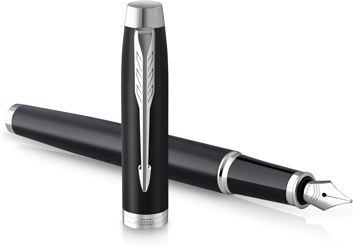PARKER IM Fountain Pen | Matte Black with Chrome Trim | Fine Point with Blue Ink Cartridge | Gift Box