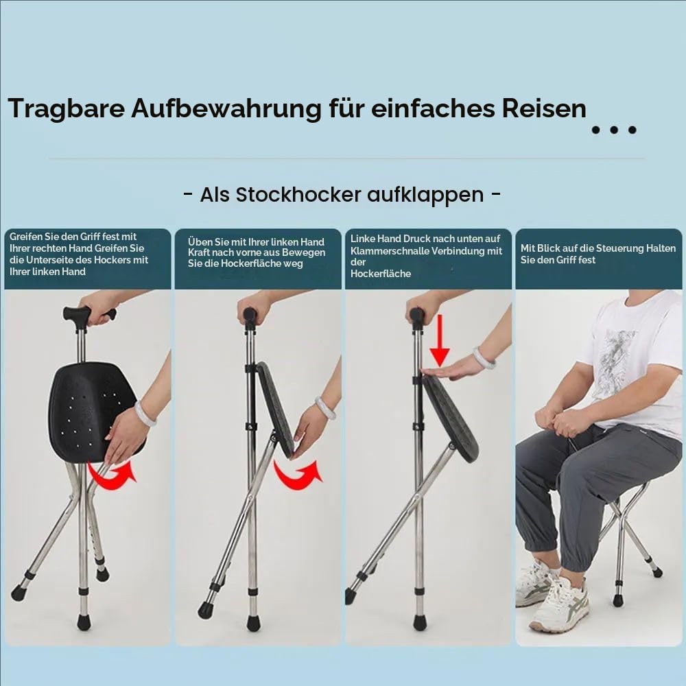 Gehstock Mit Sitz,Sitzstock,Mit 3 Beinen,Faltbarer Mit Ständer,120kg Gewichtskapazität,In Fünf Positionen Höhenverstellbar,Für Ältere Menschen, Behinderte Und Ruhende