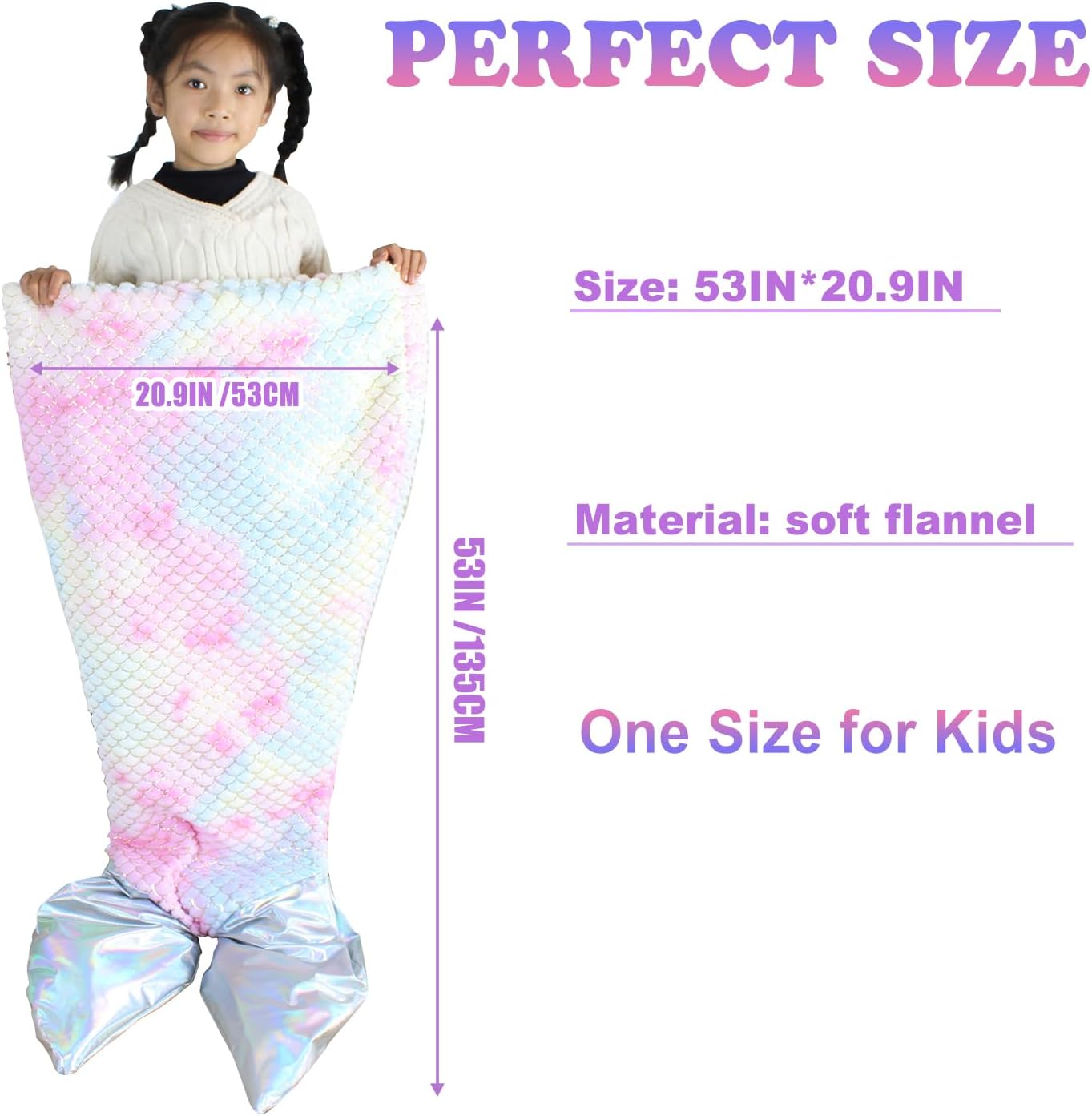 Thick Mermaid Tail Blanket Quilt for Cold Days, Soft Warm Winter Sleeping Bag with Plush Filling & Iridescent Shimmer Fish Tail, Wearable Cozy Flannel Snuggle Blanket, Rainbow Diamond