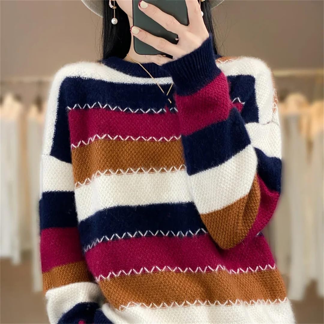 Suéter de cachemira para mujer, producto de otoño e invierno, cuello redondo, color de contraste