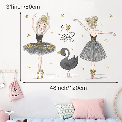 Miniatura 4 de Pinenjoy Calcomanías artísticas para pared de ballerina y cisne negro, 48 x 31 pulgadas, vinilo extraíble para decoración de pared para niñas,