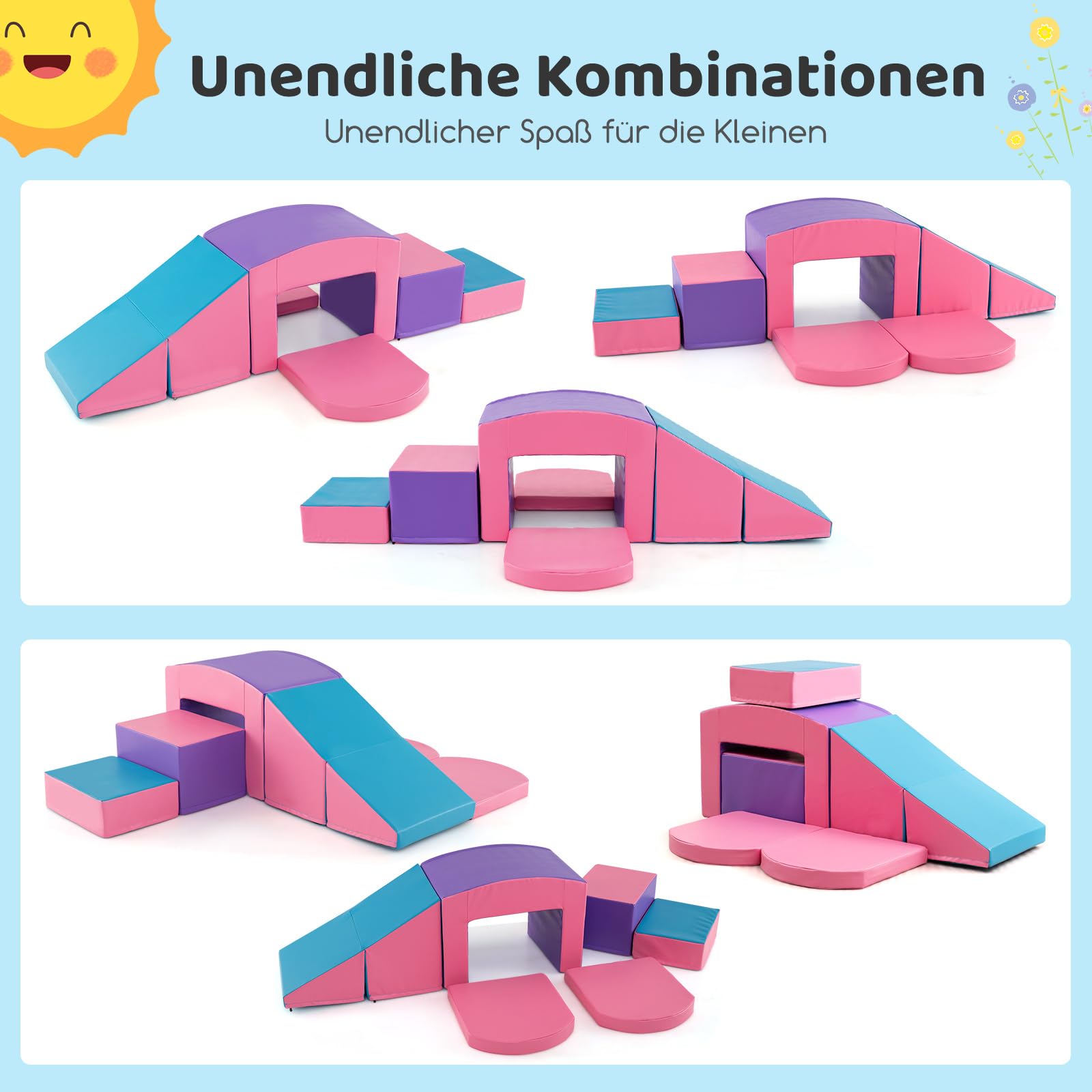 COSTWAY 7 TLG. Schaumstoffbausteine, Softbausteine mit Tunne, Treppe & Rampe, EN71-zertifiziert, Riesenbausteine zum Klettern & Toben, Großbausteine aus Schaumstoff Indoor für Kinder (Lila+Rosa)