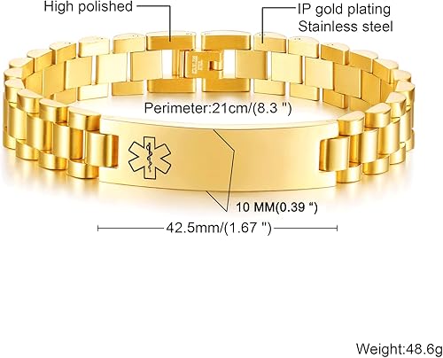 Miniatura 2 de Pulsera de identificación de alerta médica para hombres y mujeres, pulsera médica de acero inoxidable con eslabones ajustables