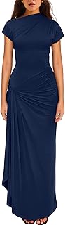 Women's Casual Short Sleeve Boat Neck Ruched High Split Bodycon Long Party Dress - Buy now