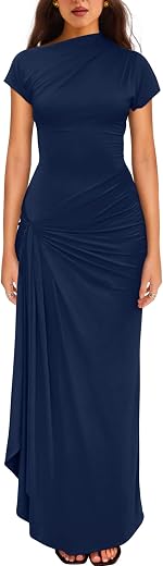 YMDUCH Women Casual Short Sleeve Boat Neck Ruched High Split Bodycon Long Party Dress