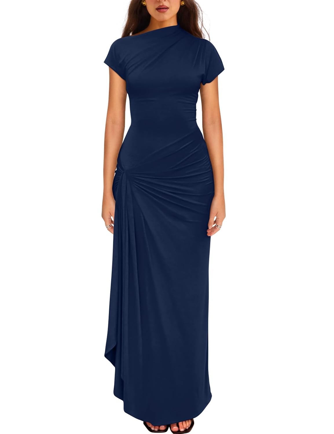 YMDUCH Women Casual Short Sleeve Boat Neck Ruched High Split Bodycon Long Party Dress - Review, Price and Buying Guide