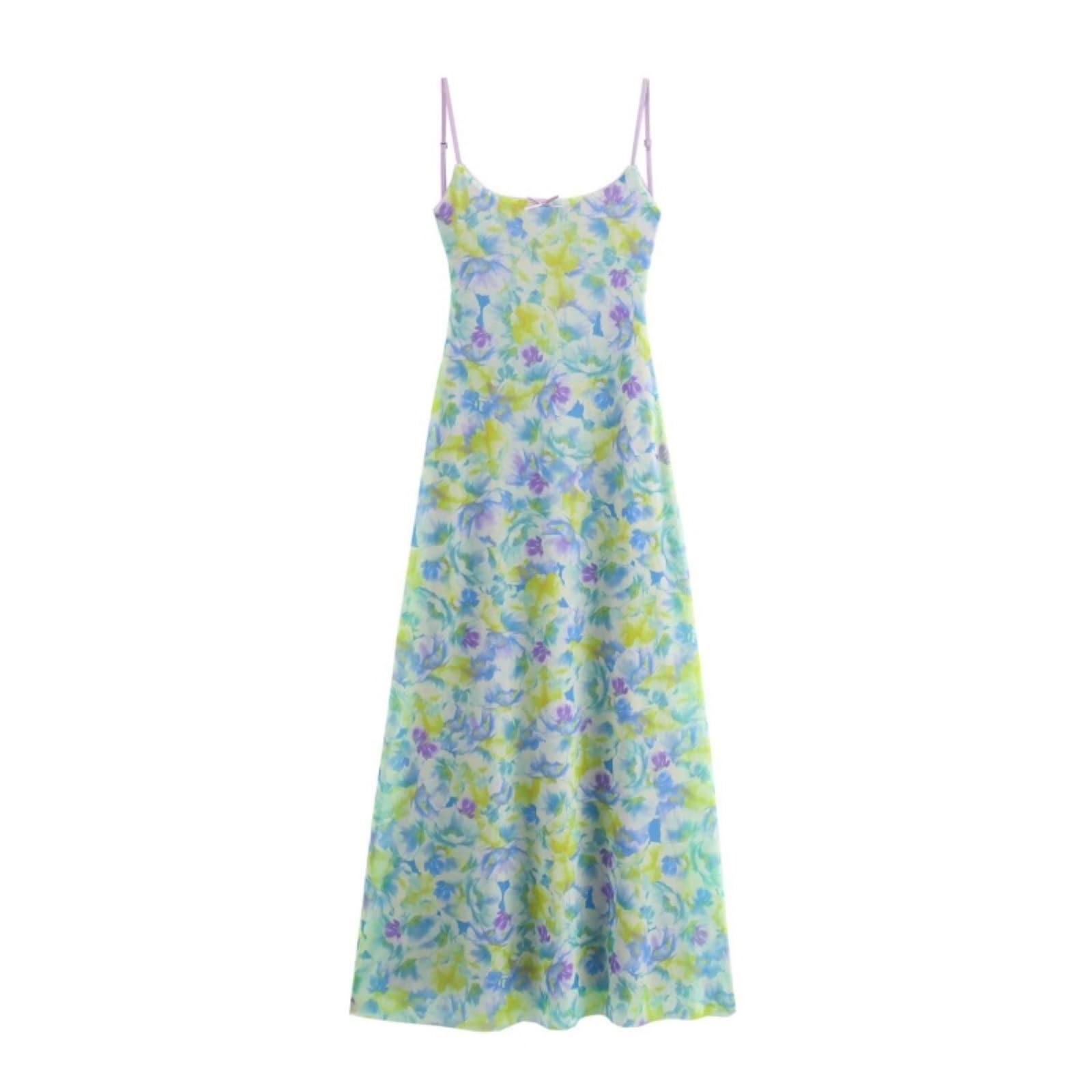 Vestido Largo Verano Mujer Vestido Lencero Azul con Estampado Floral De Malla, Largo Midi, Vestido Sin Mangas De Talle Alto para Mujer, Fresco Y Dulce.