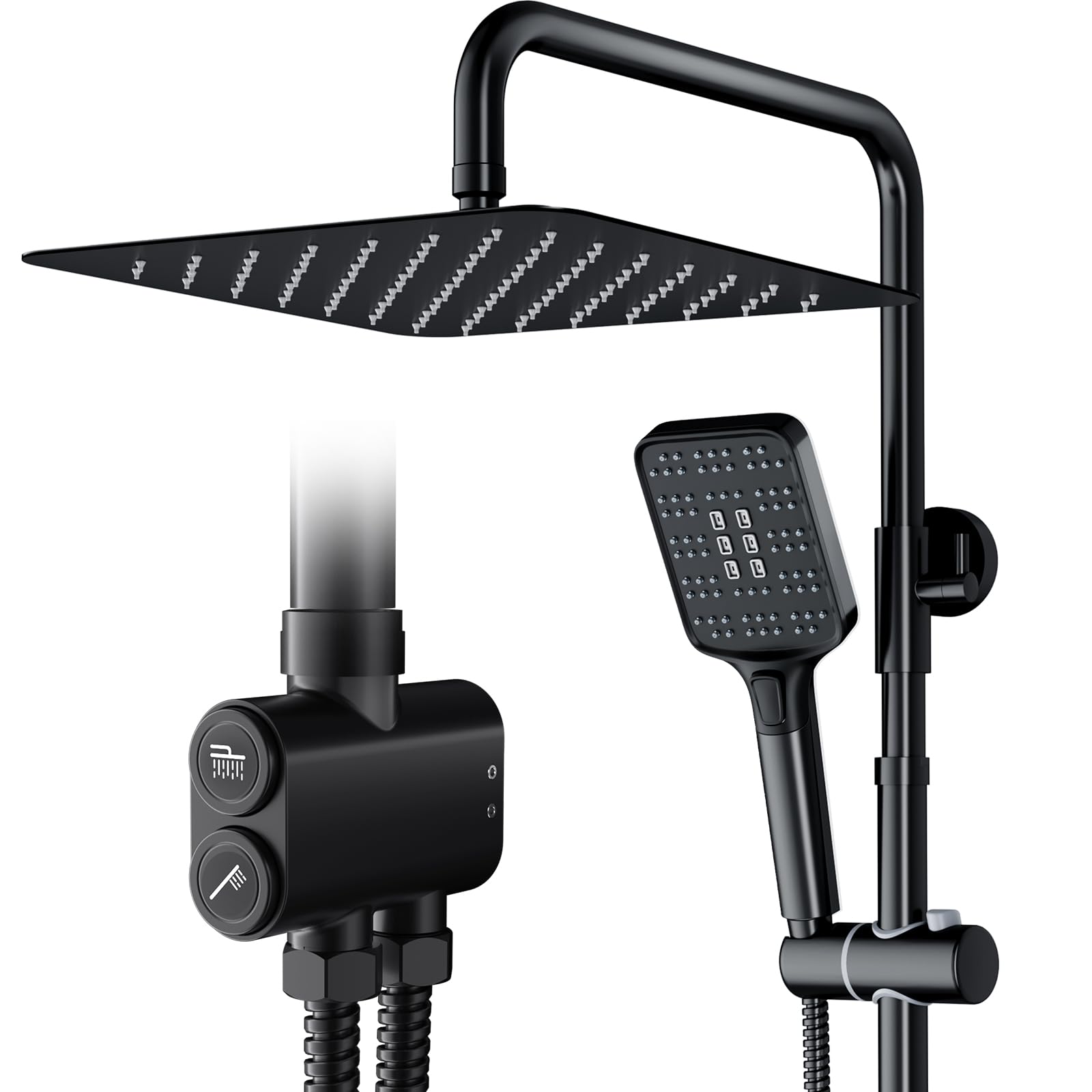 Rainsworth Black Shower Riser Rail Kit Matte 12" Stainless Steel Rainfall Overhead, 3 Jet Types Handheld Shower,Height Adjustable Shower Set Without Tap, Brass Diverter