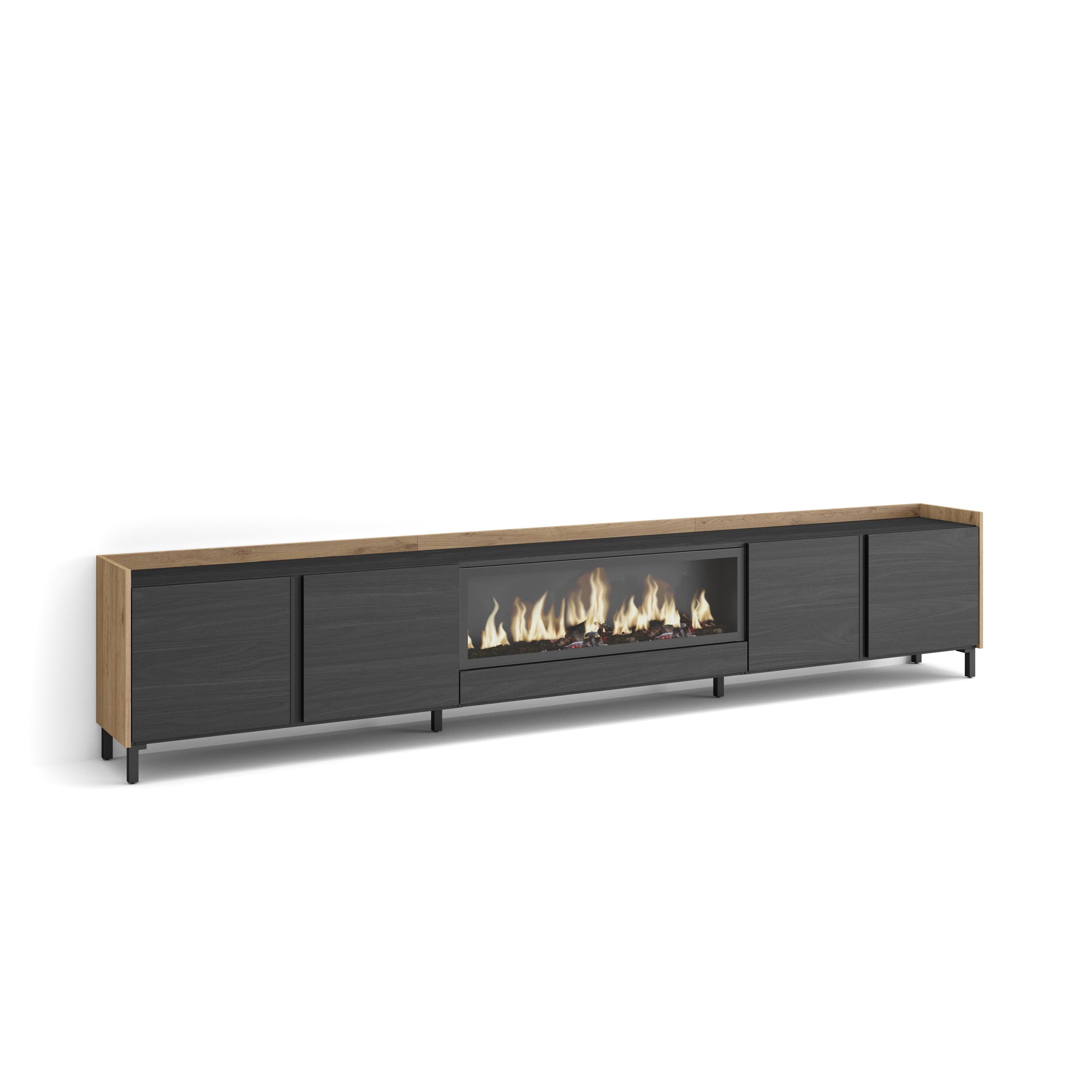 Skraut Home | Meuble TV | Banc Télé | Grand Espace de Rangement | 315x61x35 cm | pour écrans jusqu'à 80" | Cheminée électrique XXL | Design Industriel | Style Moderne | Noir et chêne