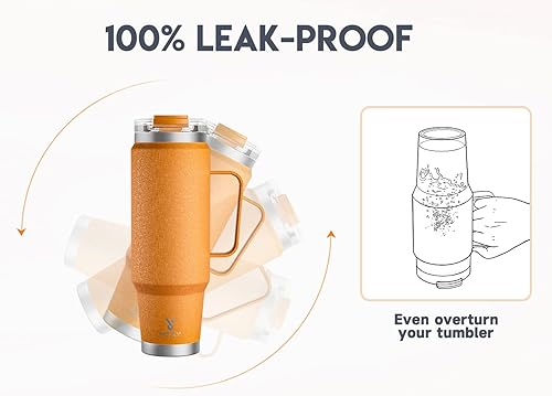 Miniatura 5 de Meoky Vaso de 40 onzas con asa, taza de viaje de acero inoxidable con tapa para sorber y popote 2 en 1, taza de café aislada al vacío, 100% a prueba