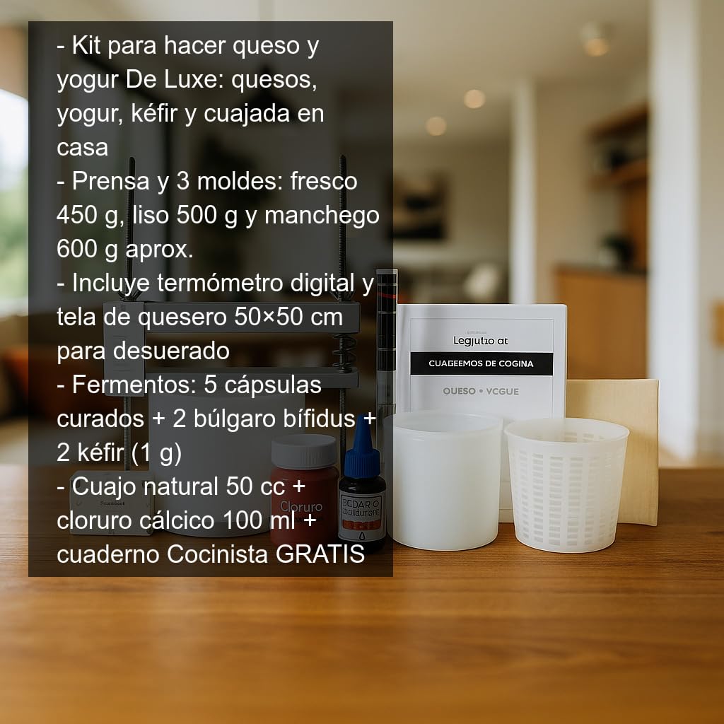 Cocinista Kit De Luxe para hacer queso y yogur en casa con prensa, moldes, fermentos y termómetro Kit completo para quesos frescos, prensados y curados, yogur, kéfir y cuajada
